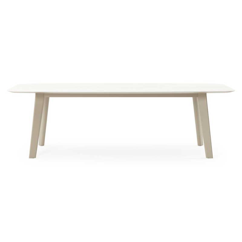 Table de jardin Lacirma forme de bateau en aluminium beige et céramique pleine Calista Lg. 255 x Lrg. 115 x Haut. 74 cm