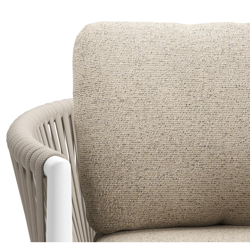 Organo tuinstoel in wit aluminium en beige verticaal geweven luxe vlakke rope met zitkussen in All Weather Cosytica Marbella Beige