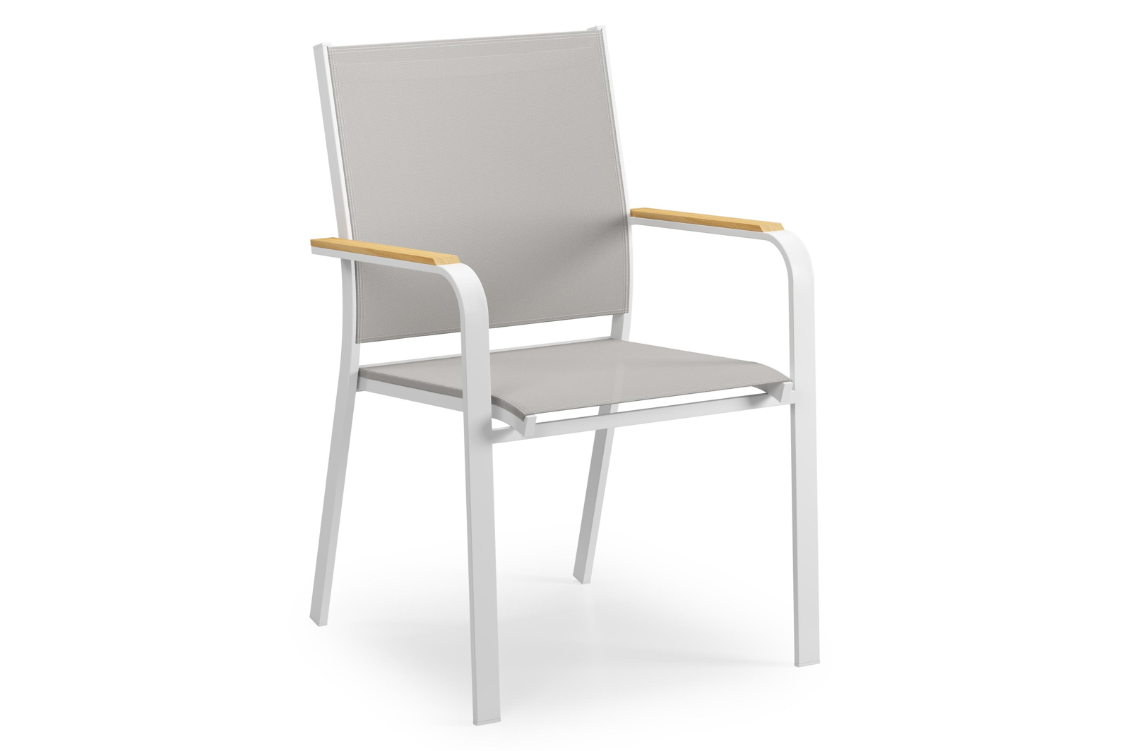 Amalfi stapelbare tuinstoel in wit aluminium en grijs textilene en teak armleuning