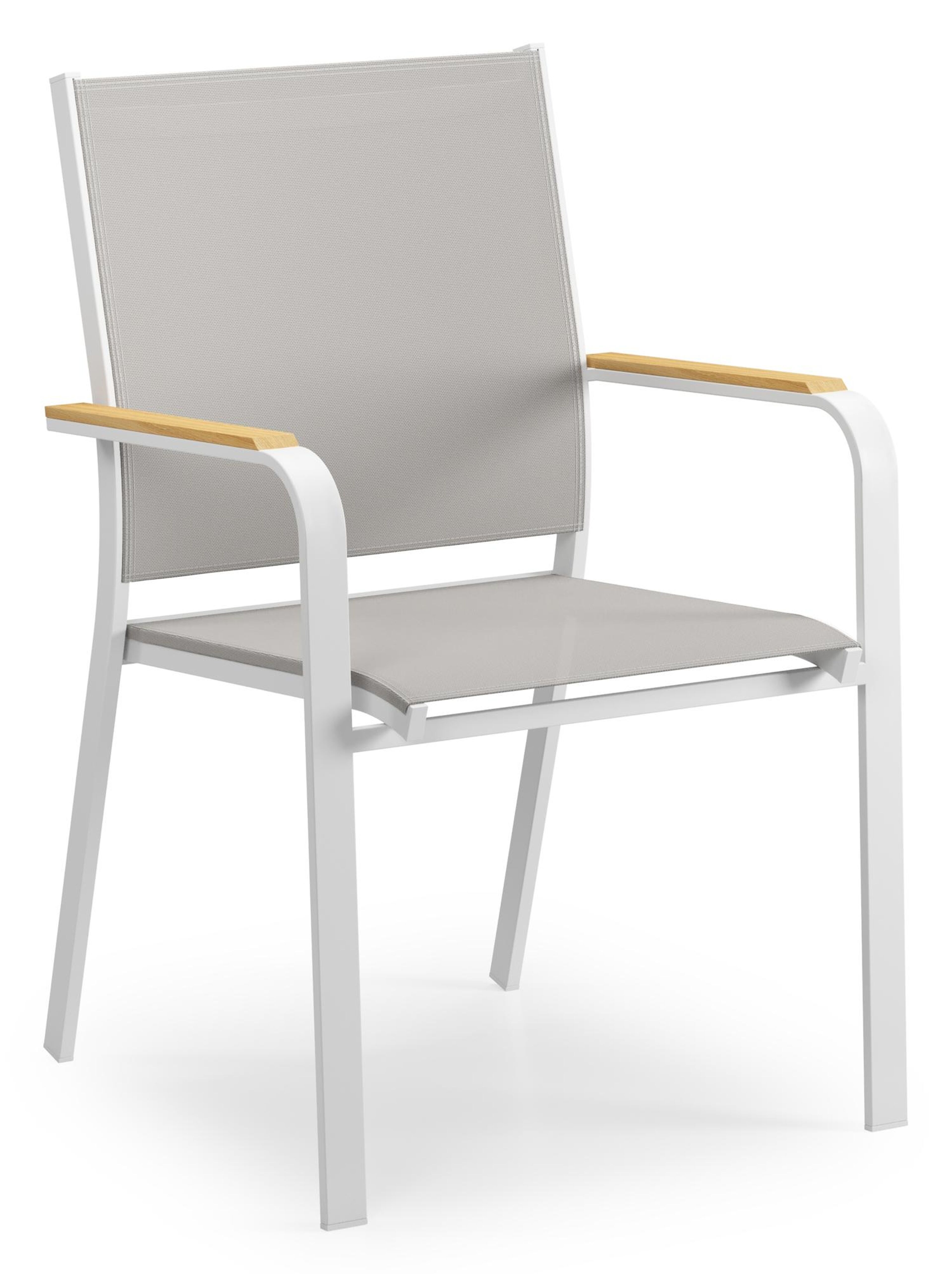 Amalfi stapelbare tuinstoel in wit aluminium en grijs textilene en teak armleuning