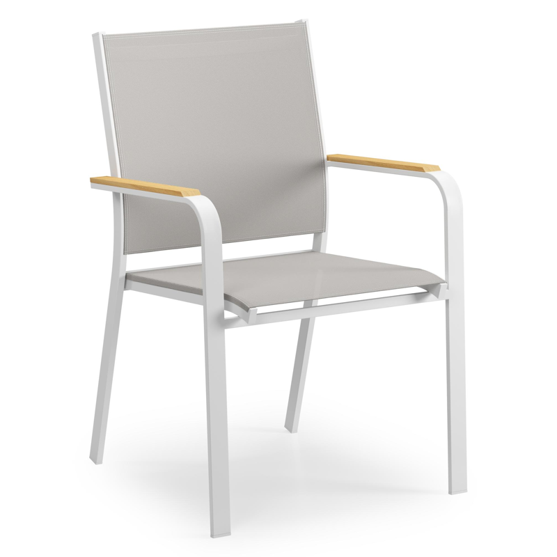 Varese tuinset in wit aluminium en naturel teak tafelblad met 8 stapelbare Amalfi tuinstoelen