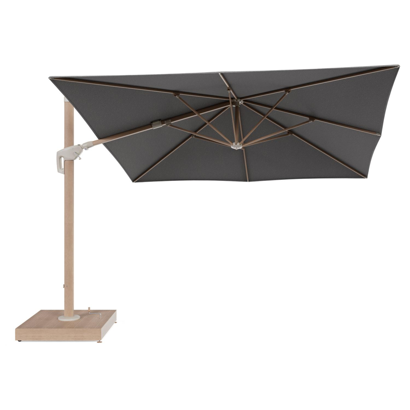 Minore zweefparasol met tiltfunctie in houtlook aluminium en Chartres Drizzle All Weather Sunbrella® Luxe parasoldoek - L1: 350 x L2: 350 cm met parasolvoet Minore 260 kg met wielen
