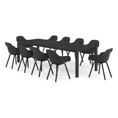 Ensemble de jardin Trente en aluminium noir avec plateau de table en céramique pleine noir et 10 chaises de jardin Puglia