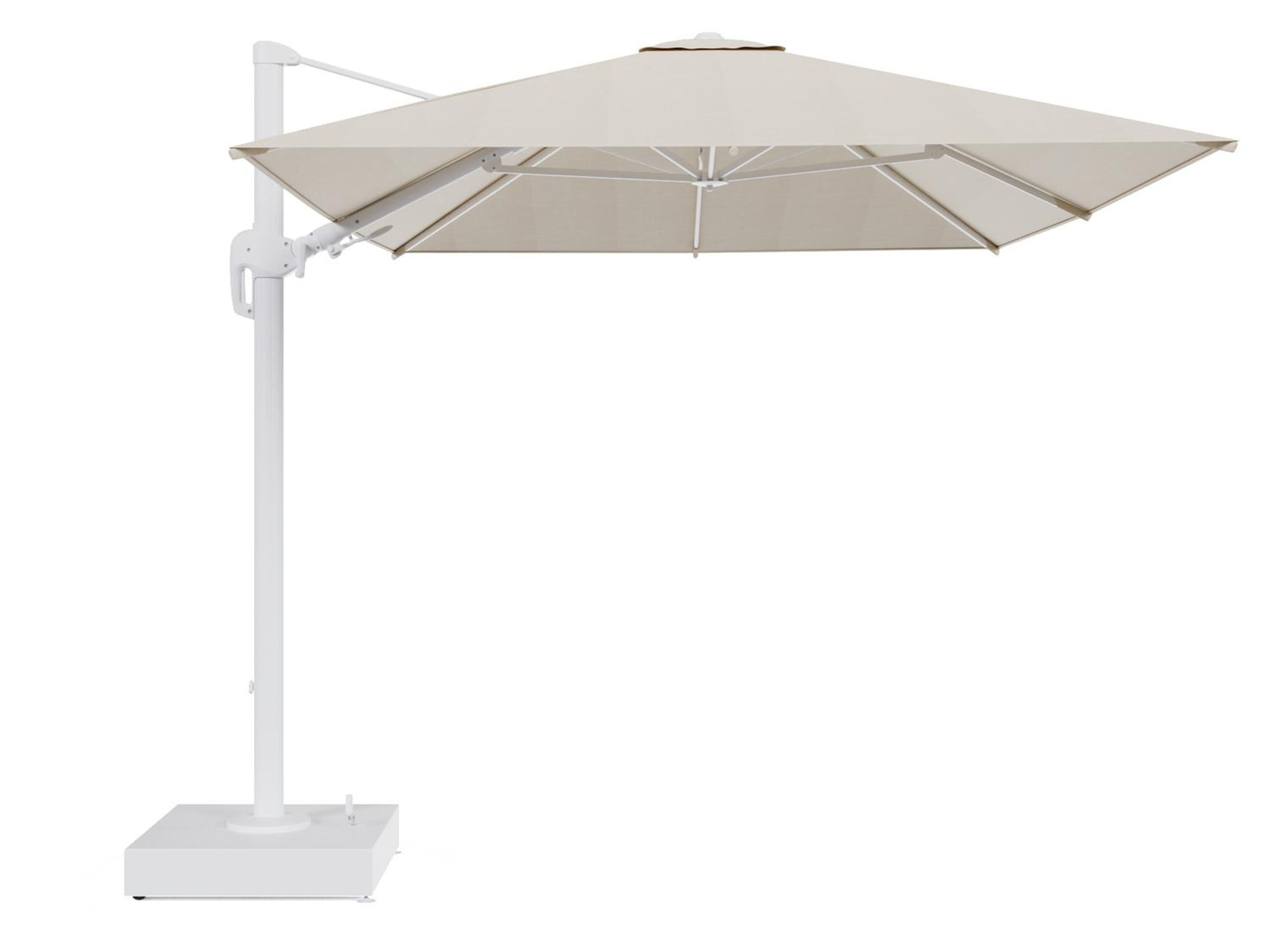 Rufina zweefparasol met tiltfunctie in wit aluminium en beige All Weather Sunbrella® Premium parasoldoek - L1 350 x L2 250 cm met parasolvoet Minore 150 kg met wielen