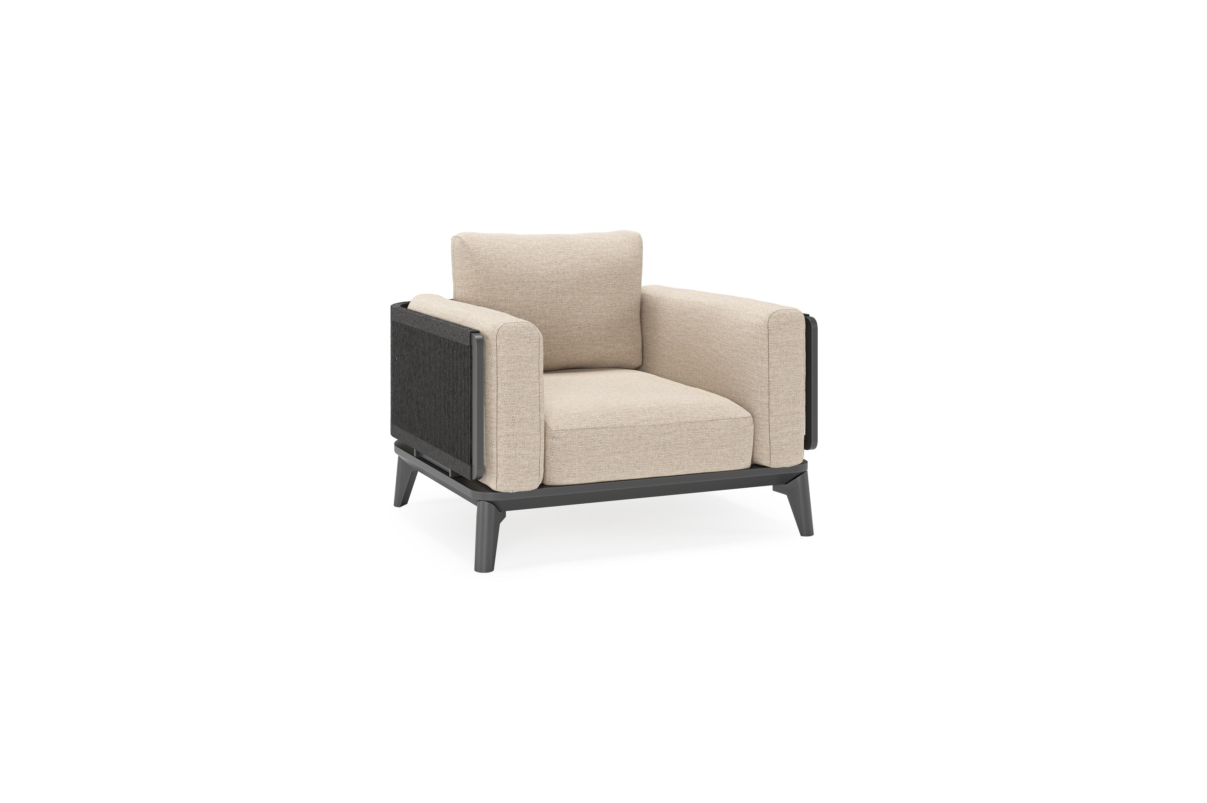 Mosa loungestoel in aluminium en zwart gedraaide ronde wicker met rustic weather+ softtouch kussen