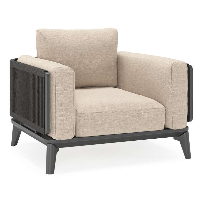 Mosa loungestoel in aluminium en zwart gedraaide ronde wicker met rustic weather+ softtouch kussen