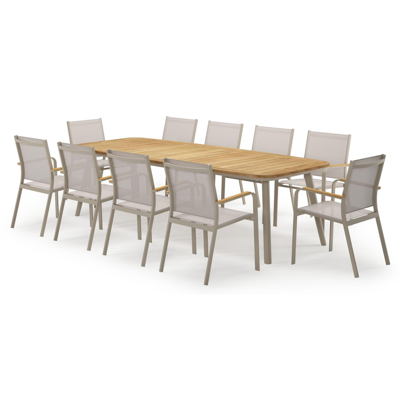 Mosa ensemble de jardin forme de bateau en aluminium beige en teck natural finish avec 10 chaises de jardin Amalfi