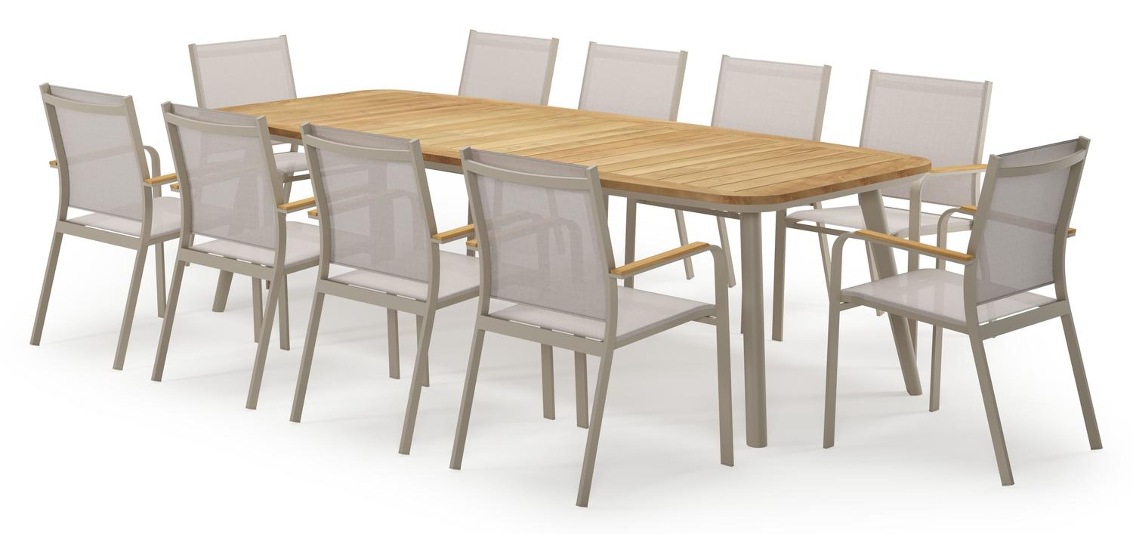 Mosa ensemble de jardin forme de bateau en aluminium beige en teck natural finish avec 10 chaises de jardin Amalfi