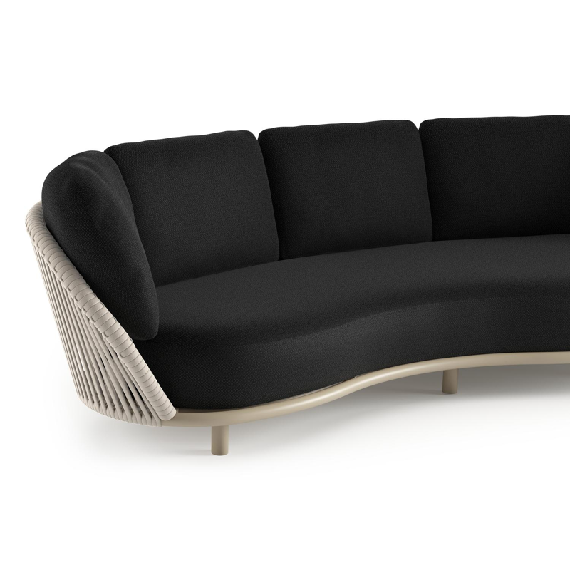 Salon de jardin Lupino en aluminium beige et corde large plate de luxe tissée verticalement beige et coussins en all weather sunbrella® luxe lopi baribal