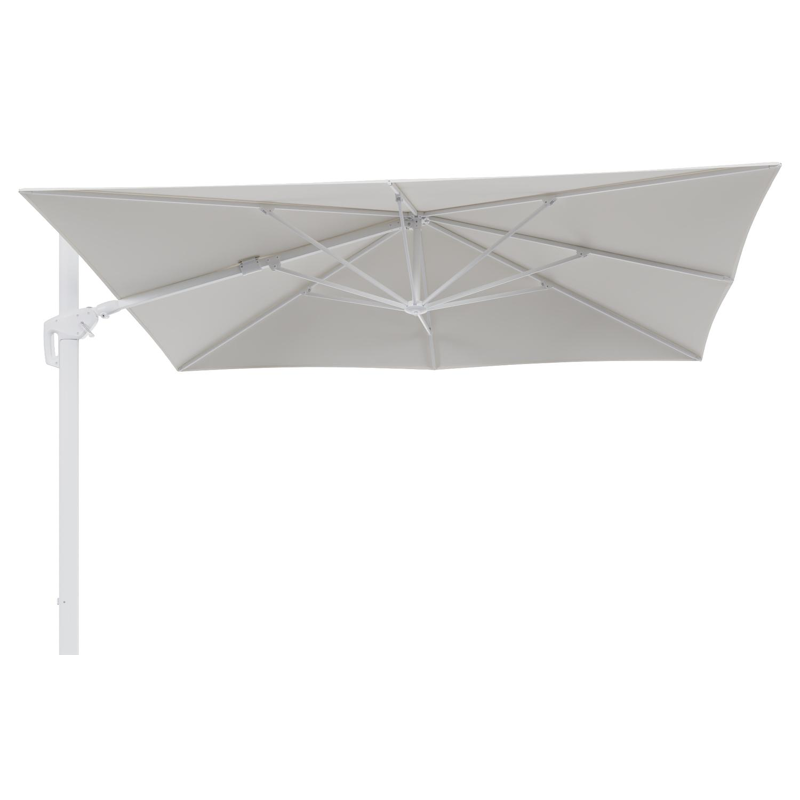 Parasol pendant Minore avec fonction tilt en aluminium blanc et toile de parasol en All Weather Sunbrella® Luxe Natte White - Lg.1: 280 x Lg.2: 370 cm (sans pied de parasol