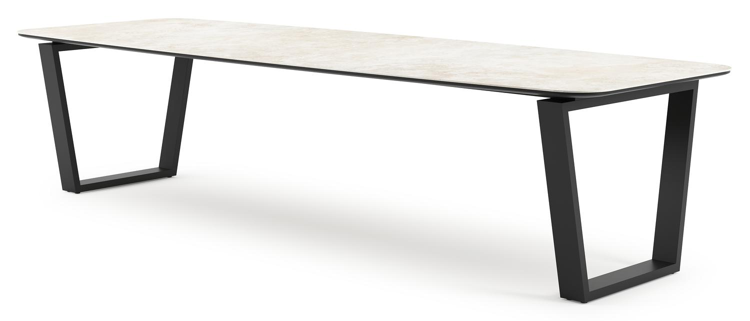 Table de jardin Pagino forme de bateau en aluminium noir et céramique pleine Rapolano Lg. 315 x Lrg. 115 cm