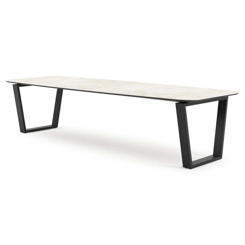 Table de jardin Pagino forme de bateau en aluminium noir et céramique pleine Rapolano Lg. 315 x Lrg. 115 cm