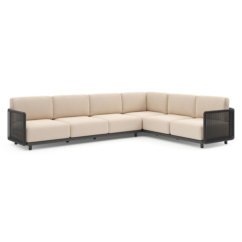 Organo loungehoek in zwart aluminium en zwart verticaal geweven luxe vlakke rope met heritage papyrus all weather Sunbrella® luxe kussen