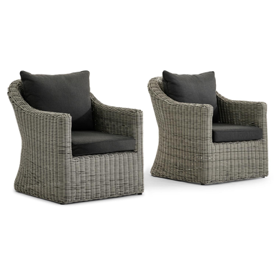 Borello loungezetels 2 x 1-zit in grijs wicker en grijs wicker met zwart weather+ softtouch kussen