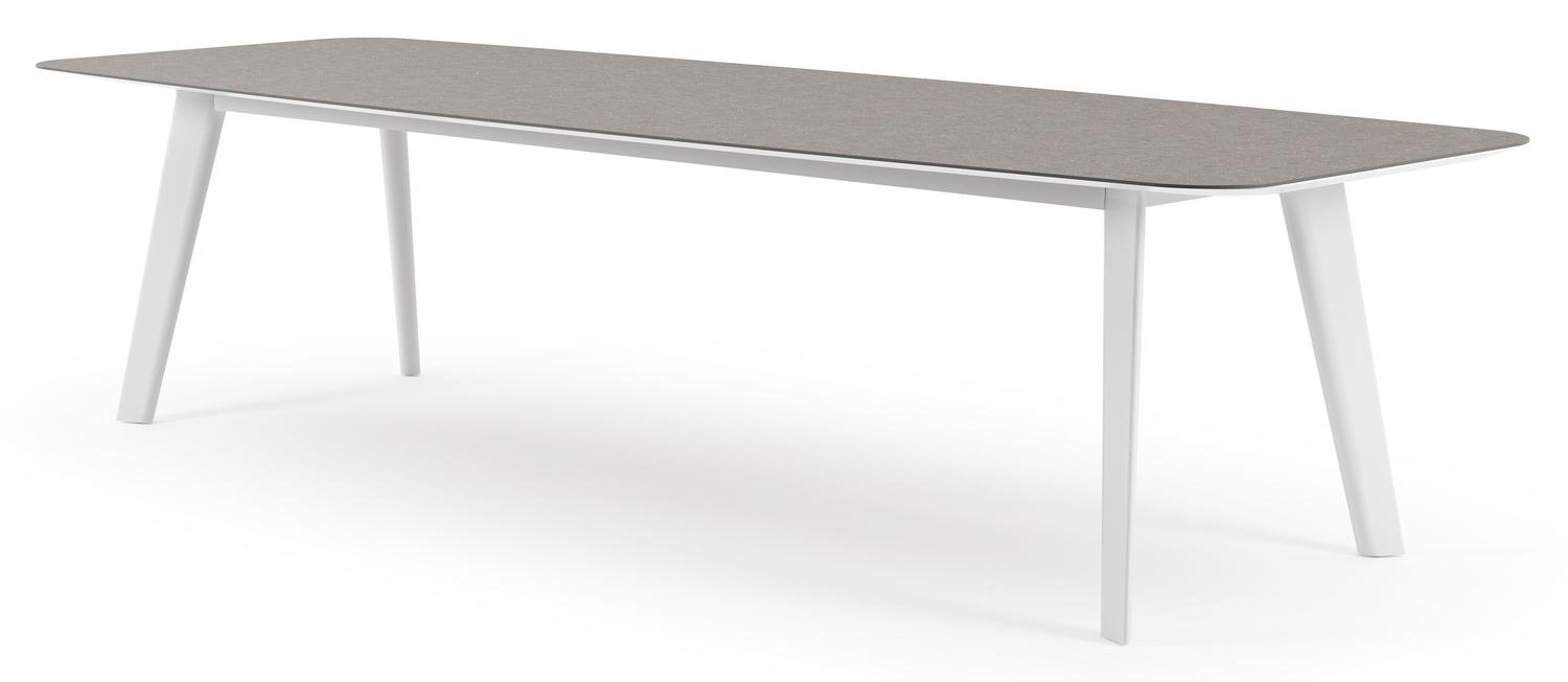 Table de jardin Lacrima forme de bateau en aluminium blanc et céramique pleine Wulong - Lg. 315 x Lrg. 115 x Haut. 73 cm