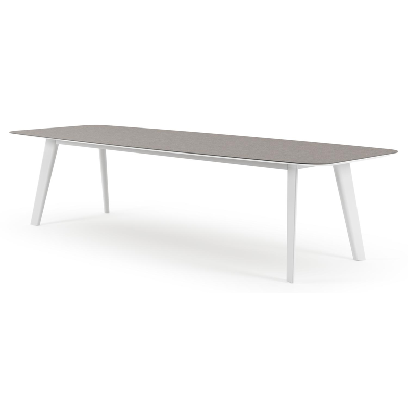 Table de jardin Lacrima forme de bateau en aluminium blanc et céramique pleine Wulong - Lg. 315 x Lrg. 115 x Haut. 73 cm