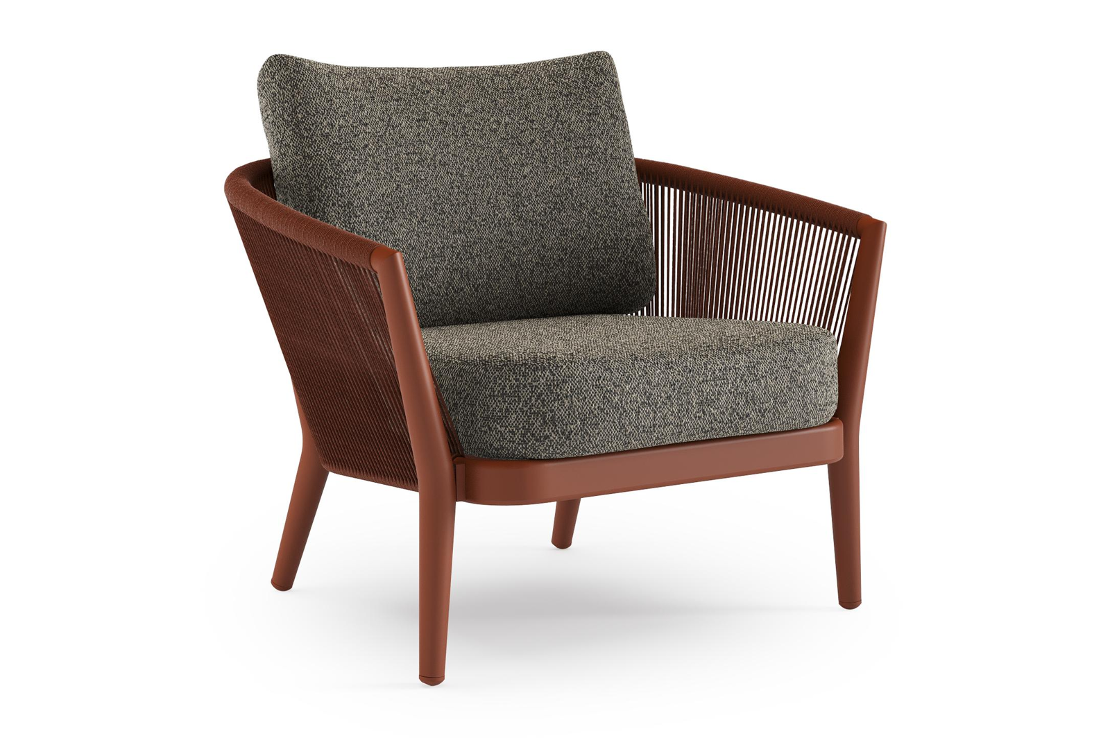 Fauteuil de jardin Orso en aluminium brun rouille en corde ronde tissée verticalement brun rouille et coussins en all weather cosytica Marbella Tunder