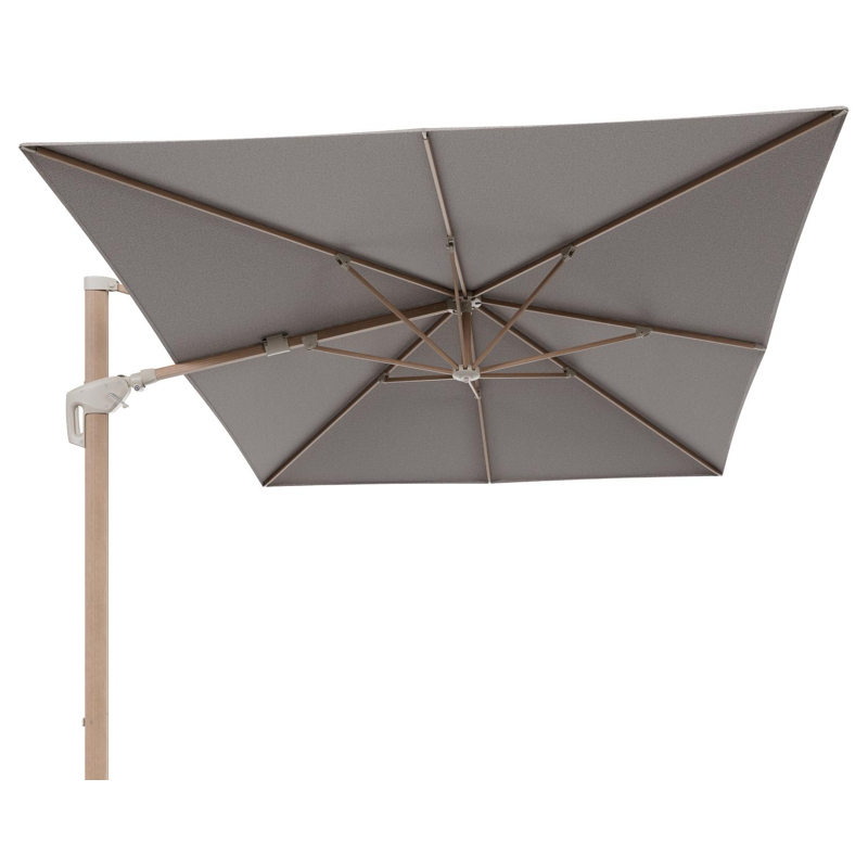 Minore zweefparasol met tiltfunctie in houtlook aluminium en Wander Granite All Weather Sunbrella® Luxe parasoldoek - L1 400 x L2 300 cm (zonder voet)
