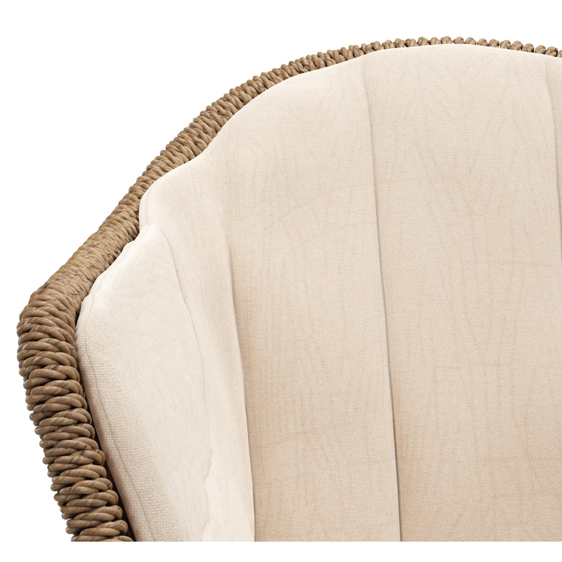 Chaise de jardin Pagino en aluminium blanc et résine tressée ronde brun avec coussin en All Weather Sunbrella® Luxe Natte Linen Chalk