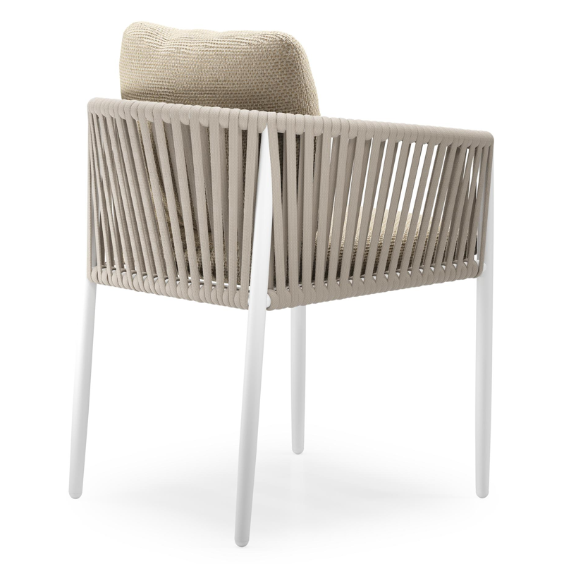 Organo tuinstoel in wit aluminium en beige verticaal geweven luxe vlakke rope met zitkussen in All Weather Cosytica Althea Camel