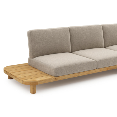 Donato loungehoek in teak en beige verticaal geweven ronde rope met all weather sunbrella® luxe Chartres Pewter kussen