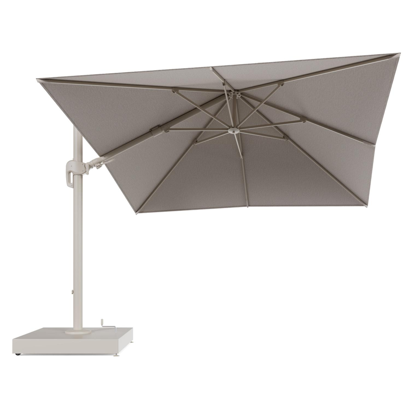 Rufina zweefparasol met tiltfunctie in beige aluminium en Slow Farafra All Weather Sunbrella® Luxe parasoldoek - L1 300 x L2 300 cm met parasolvoet Minore 260 kg met wielen