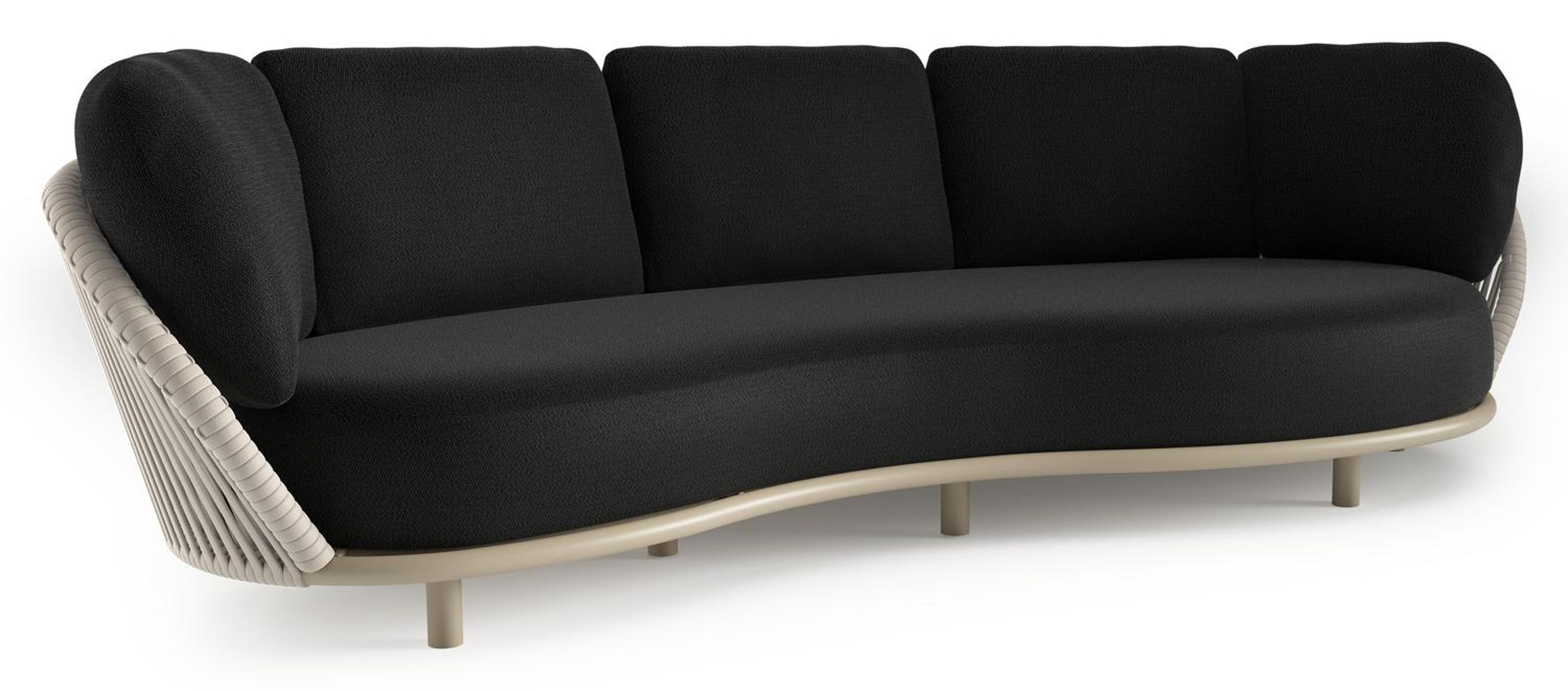 Canapé de jardin Lupino en aluminium beige et corde large plate de luxe tissée verticalement beige et coussins en all weather sunbrella® luxe lopi baribal