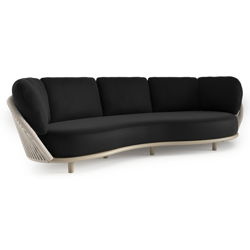 Canapé de jardin Lupino en aluminium beige et corde large plate de luxe tissée verticalement beige et coussins en all weather sunbrella® luxe lopi baribal