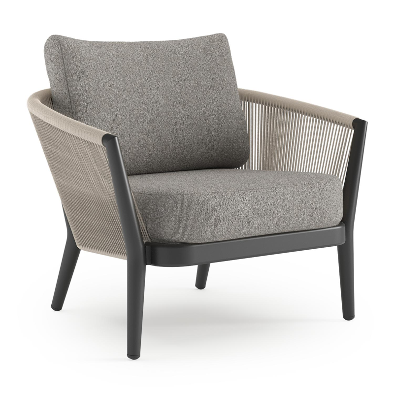 Orso loungestoel in zwart aluminium en beige verticaal geweven ronde rope met Tundra Charcoal all weather sunbrella® luxe kussen