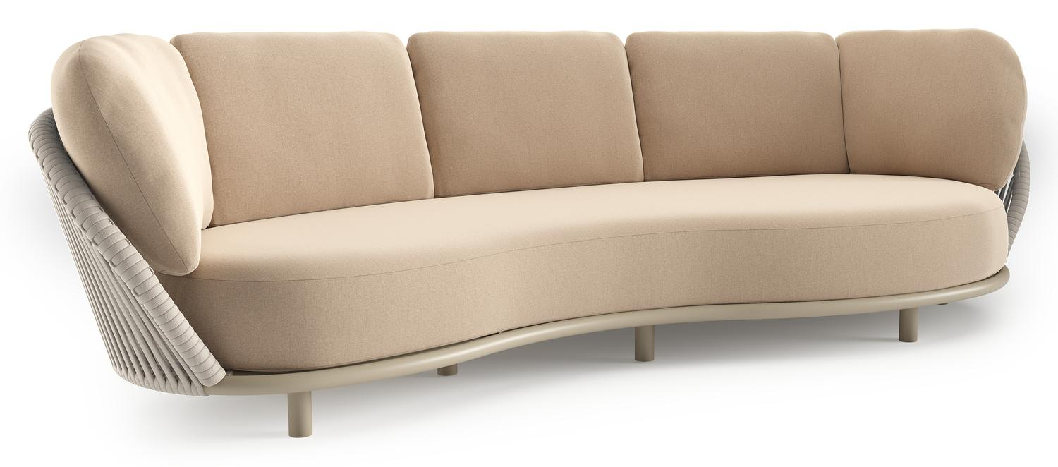 Lupino loungebank in beige aluminium en beige verticaal geweven luxe vlakke brede rope met natte heather beige all weather sunbrella® luxe kussen