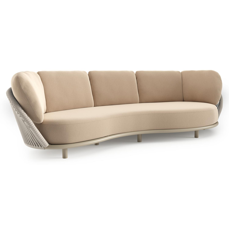 Lupino loungebank in beige aluminium en beige verticaal geweven luxe vlakke brede rope met natte heather beige all weather sunbrella® luxe kussen