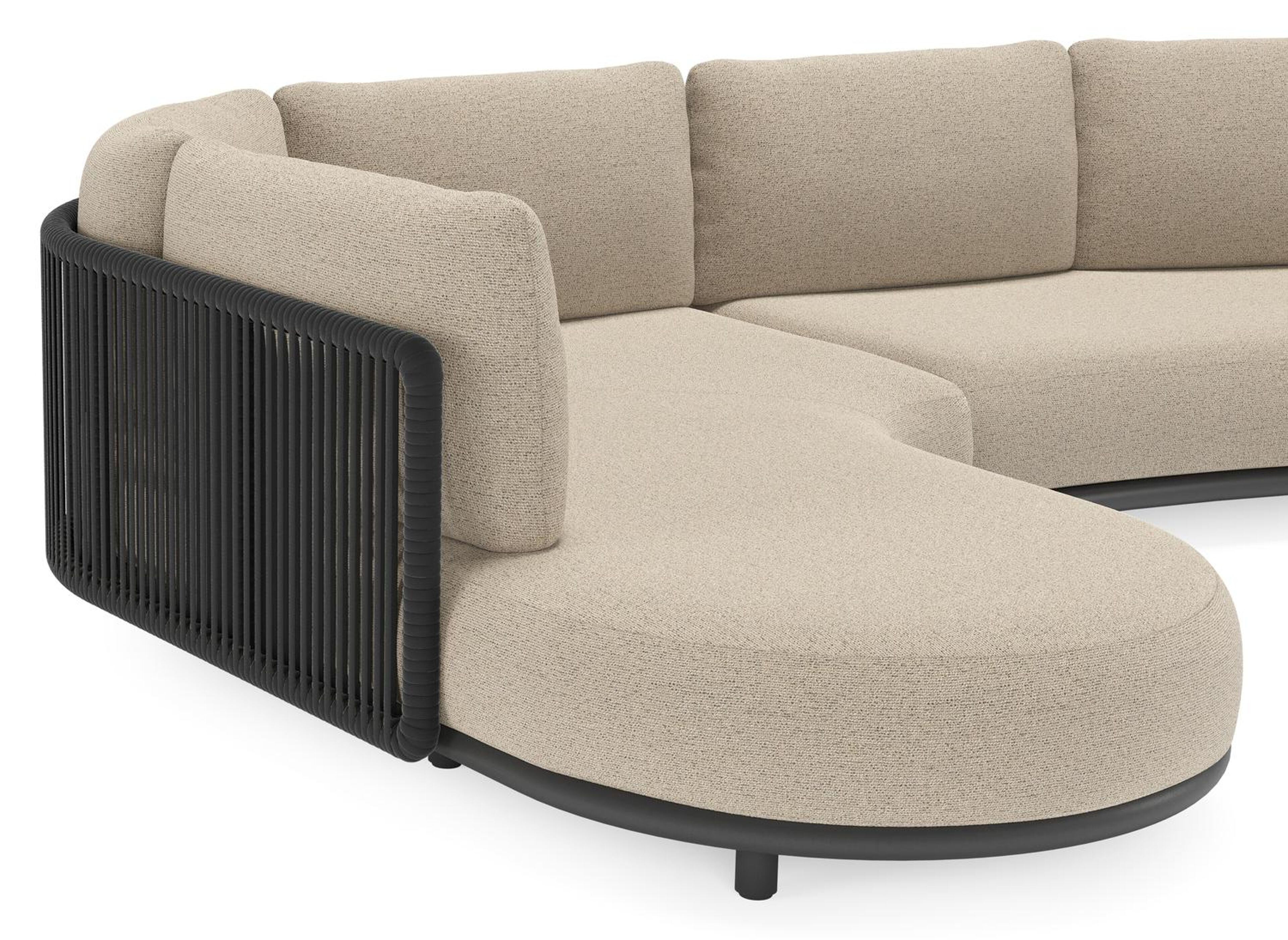 Lomano loungehoek in zwart aluminium en zwart verticaal geweven luxe vlakke rope met marbella zwart all weather cosytica kussen