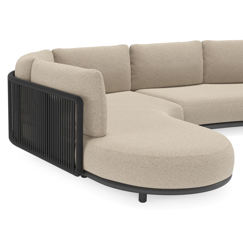 Lomano loungehoek in zwart aluminium en zwart verticaal geweven luxe vlakke rope met marbella zwart all weather cosytica kussen