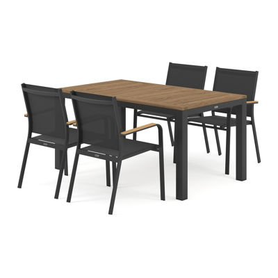Ensemble de jardin Varese en aluminium noir avec plateau de table en teck naturel et 4 chaises de jardin empilables Amalfi