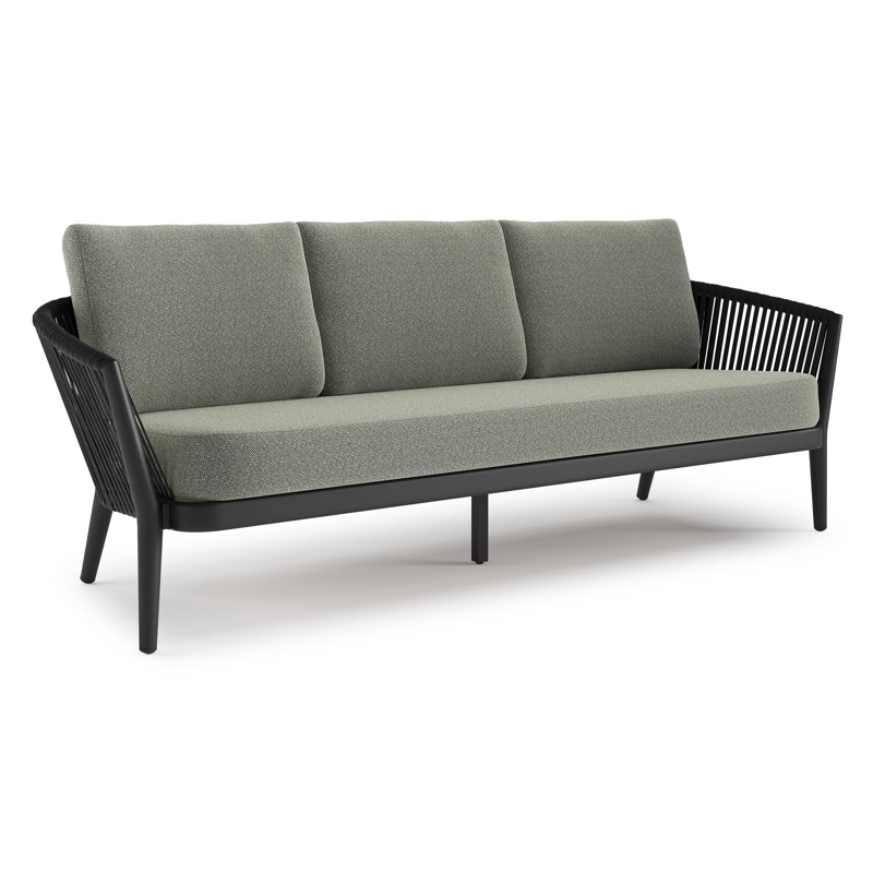Orso loungebank in zwart aluminium en zwart verticaal geweven luxe vlakke rope met Savane Leaf all weather sunbrella® luxe kussen