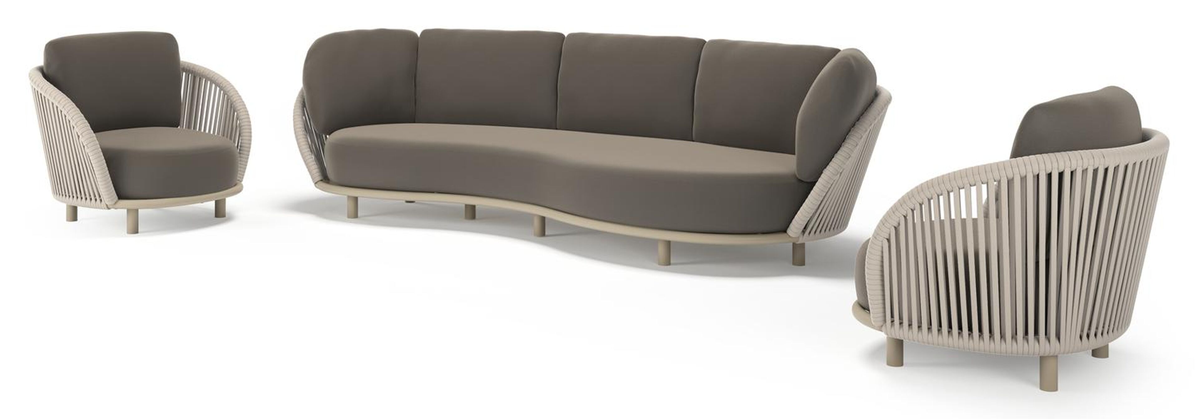 Lupino loungeset in beige aluminium en beige verticaal geweven luxe vlakke brede rope met natte carbon beige all weather sunbrella® luxe kussen