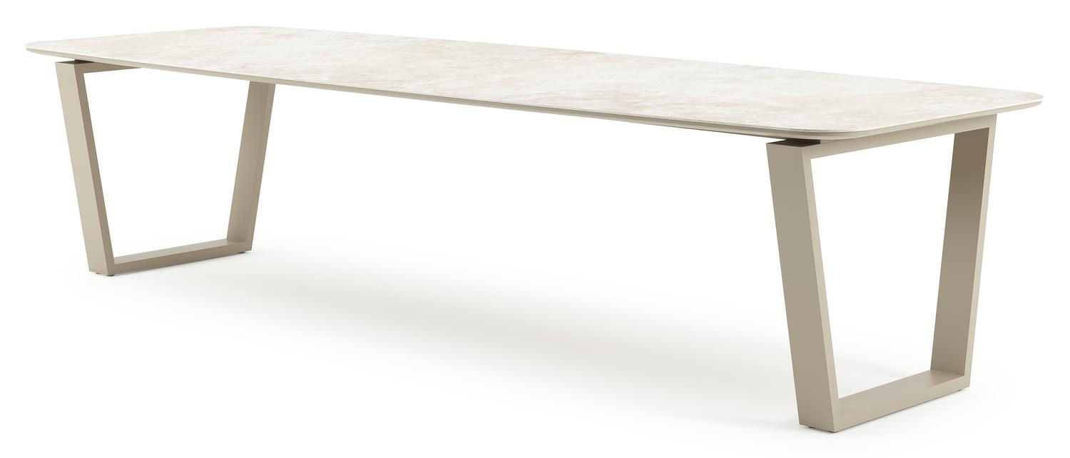 Table de jardin Pagino forme de bateau en aluminium beige et céramique pleine Rapolano Lg. 315 x Lrg. 115 cm