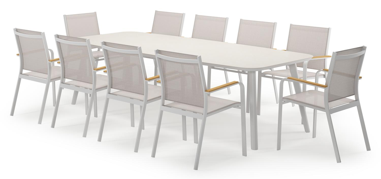 Mosa bootvormige tuinset in wit aluminium en sintered stone crema minerale met 10 Amalfi tuinstoelen