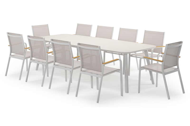 Mosa bootvormige tuinset in wit aluminium en sintered stone crema minerale met 10 Amalfi tuinstoelen