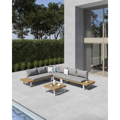 Campelo loungehoek in wit aluminium en polywood met grijs polyester kussen en loungetafel