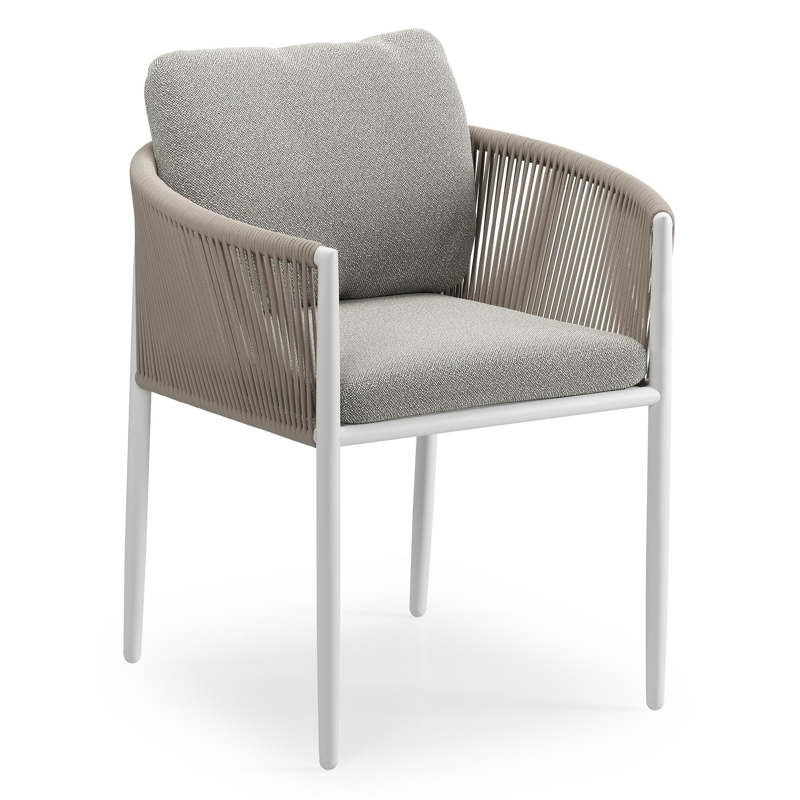 Organo tuinstoel in beige aluminium en beige verticaal geweven ronde rope met stoelkussen in All Weather Sunbrella® Luxe Savane Tunder