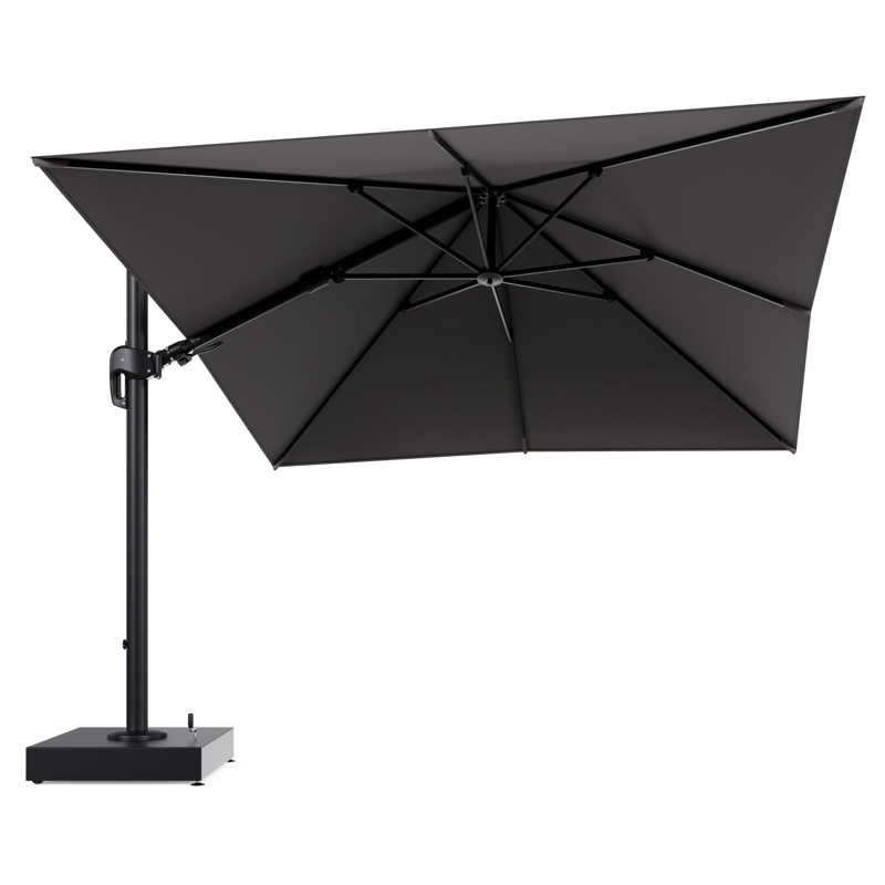 Rufina zweefparasol met tiltfunctie in zwart aluminium en Natte Nature Grey All Weather Sunbrella® Luxe parasoldoek - L1 300 x L2 300 cm met parasolvoet Minore 150 kg met wielen