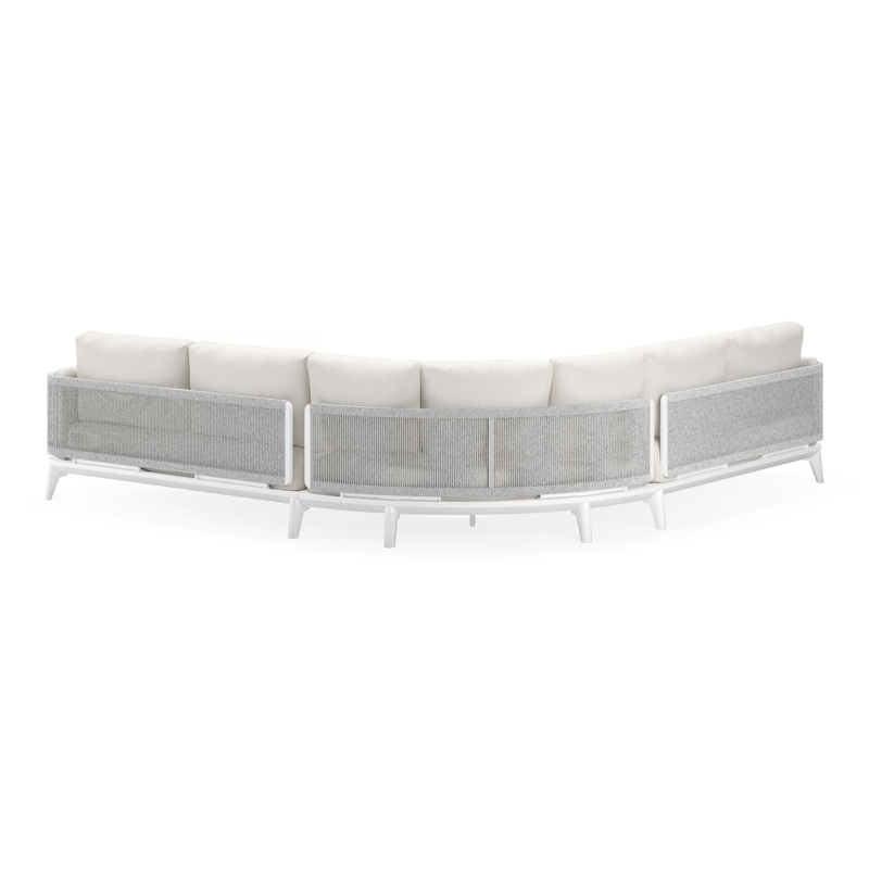 Mosa loungehoek in wit aluminium en wit-grijs gedraaide ronde wicker met sand weather+ softtouch kussens en loungetafel