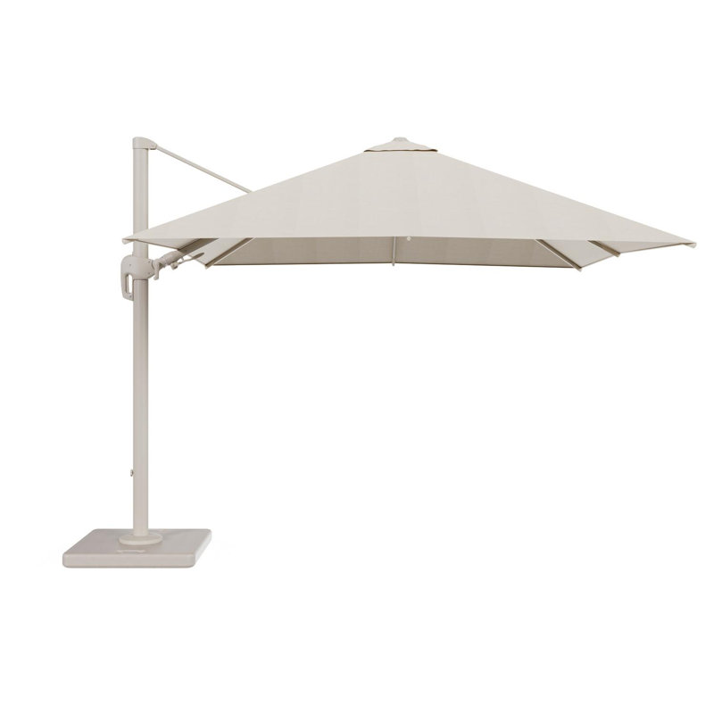 Rufina zweefparasol met tiltfunctie in beige aluminium en beige Sunbrella® Premium parasoldoek - L1 300 x L2 300 cm met parasolvoet Lapido 120 kg