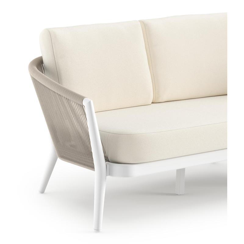 Orso loungebank in wit aluminium en beige verticaal geweven ronde rope met Natte White all weather sunbrella® luxe kussen