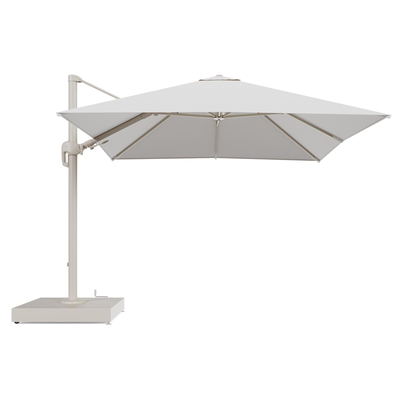 Rufina zweefparasol met tiltfunctie in beige aluminium en Soul Optik All Weather Solica parasoldoek - L1 300 x L2 300 cm met parasolvoet Minore 260 kg met wielen