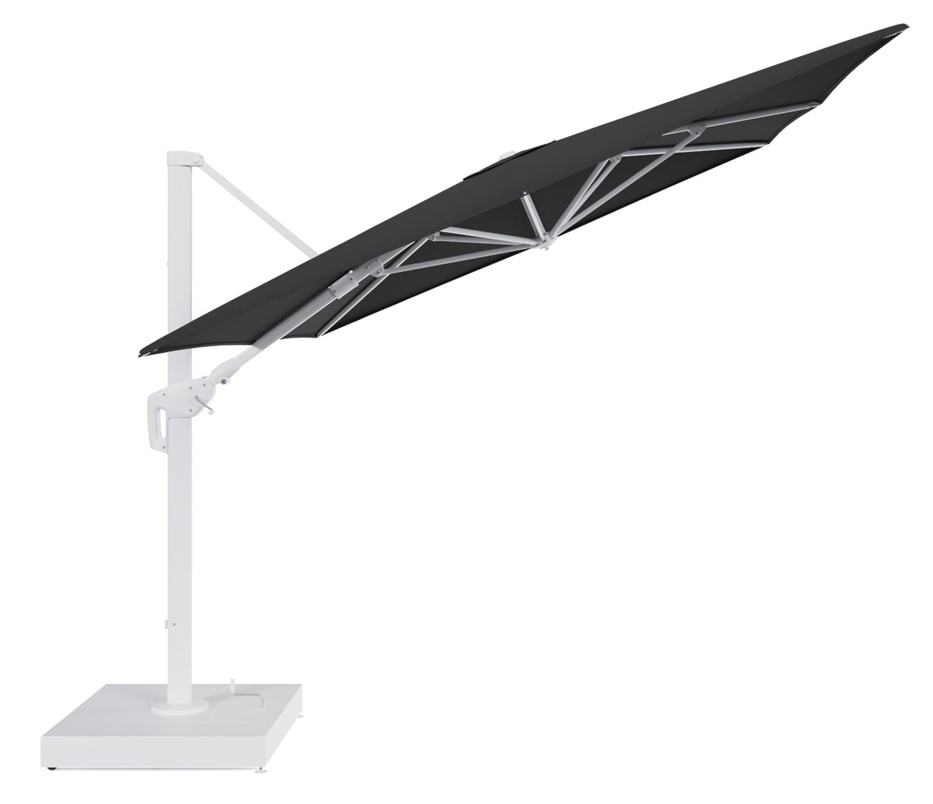 Minore zweefparasol met tiltfunctie in wit aluminium en Natte Sooty All Weather Sunbrella® Luxe parasoldoek - L1 400 x L2 300 cm met parasolvoet Minore 260 kg met wielen