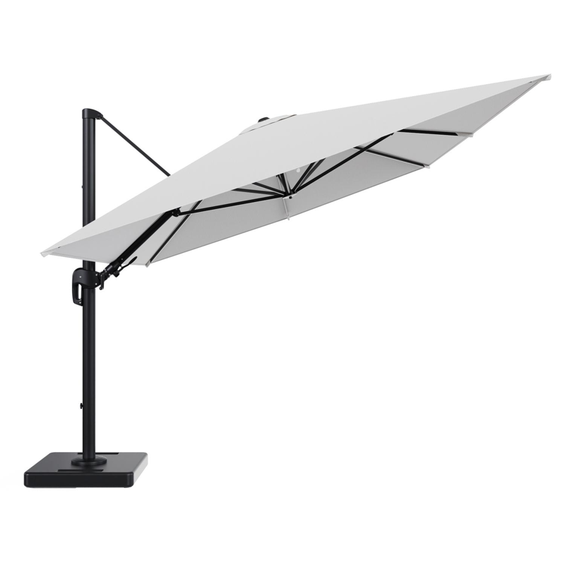 Rufina zweefparasol tiltfunctie in zwart aluminium en parasoldoek in All Weather Solica Ego Birch - L1 400 x L2 300 cm met parasolvoet Lapido 160 kg