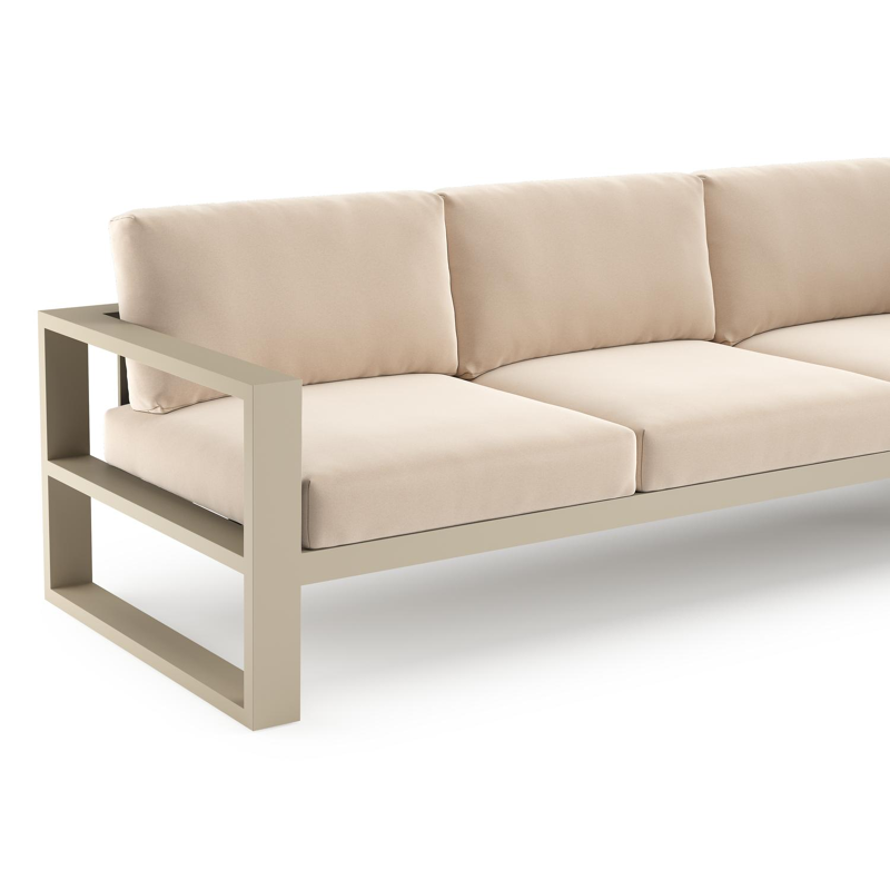 Salon de jardin d'angle Verato en aluminium beige et coussins en all weather sunbrella® luxe natte linen chalk