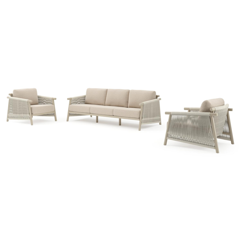 Erla loungeset in beige verticaal geweven ronde rope en beige verticaal geweven ronde rope met rustic weather+ softtouch kussen